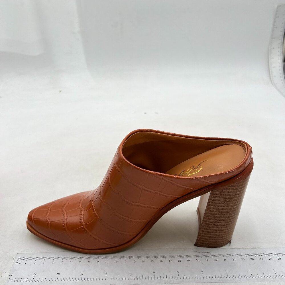 FOWT Brown Crocodile Embossed Mules Chunky Stacked Heel Pointed Toe Slippers